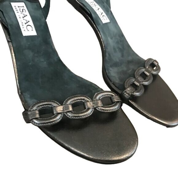 Isaac Mizrahi Size 9.5 Slingback Metallic Gray Leather Heel Sandals Italy - Picture 6 of 8